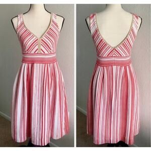Anthropologie V-neck Dress Red and White Striped, Size 6